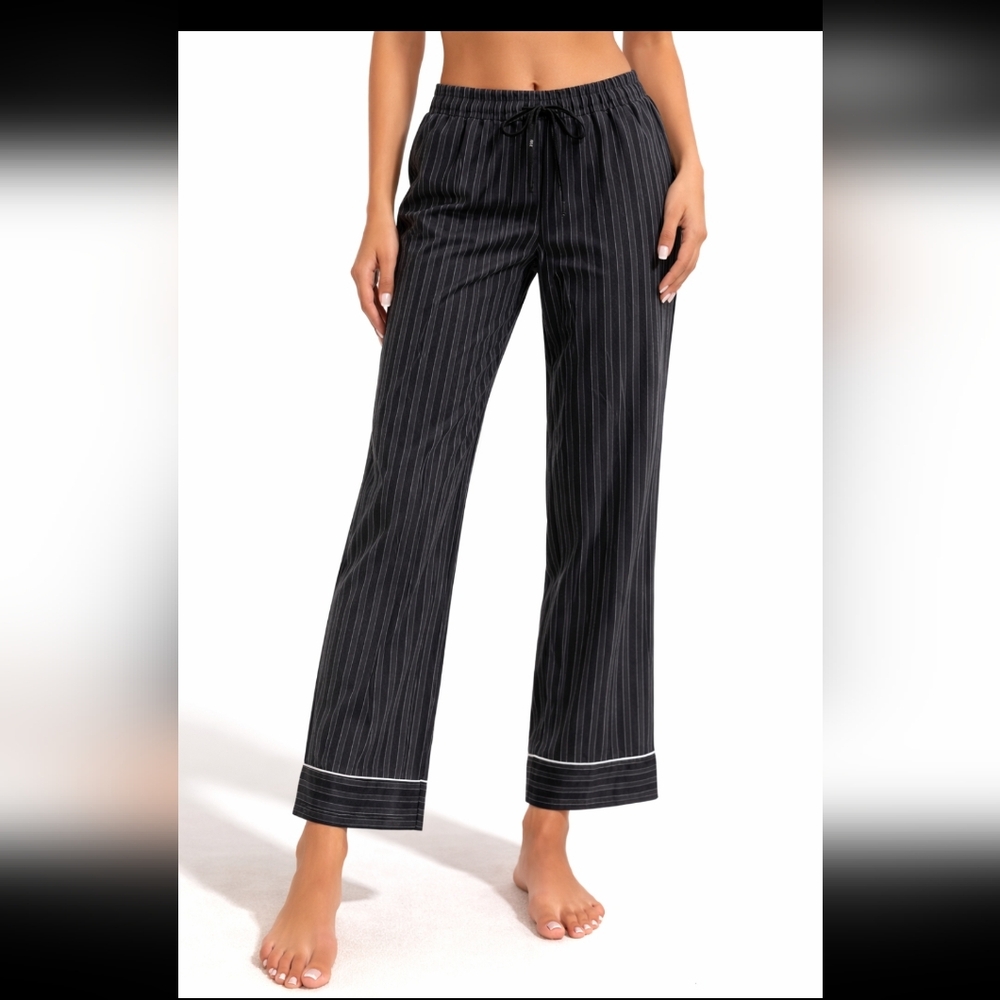 Victoria’s Secret Pinstripe Pajama Pants Women’s M Black Gray Wide Leg Drawstrin
